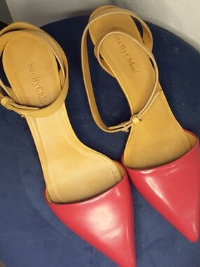 See By Chloe Two-Tone Red & Tan Pointed Toe Ankle-Strap Flats